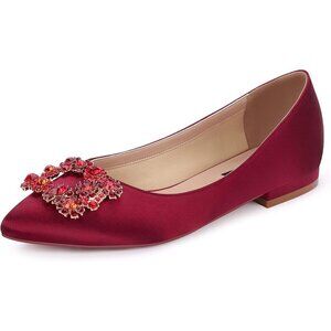 Erijunor Flat Shoes Women Red Satin Rhinestone  Pointy Toe Slip On Comfort Shoes